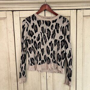 Decker Leopard Distressed Sweater, Oversized Jacquard Knit, Size Small